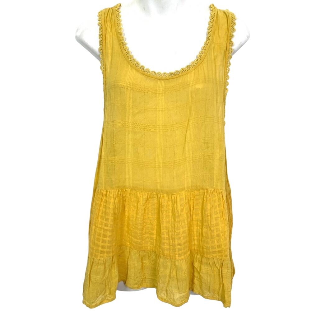Umgee USA Womens Sleeveless Crochet Trim Mustard Yellow Boho Oversized Top sz S